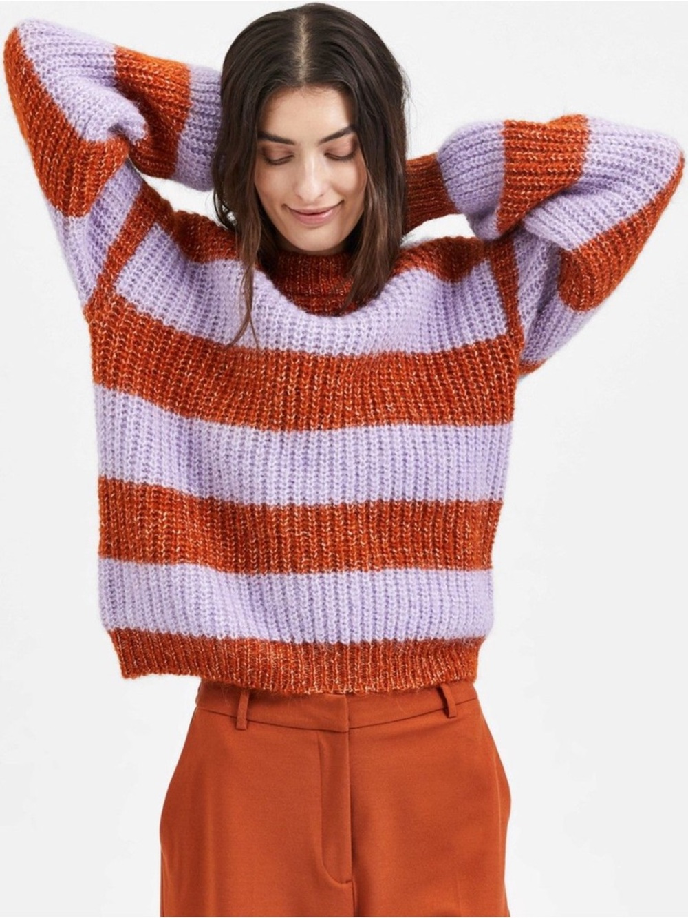 Selected Femme Striped Cozy Knit Sweater in Lavender and Rust